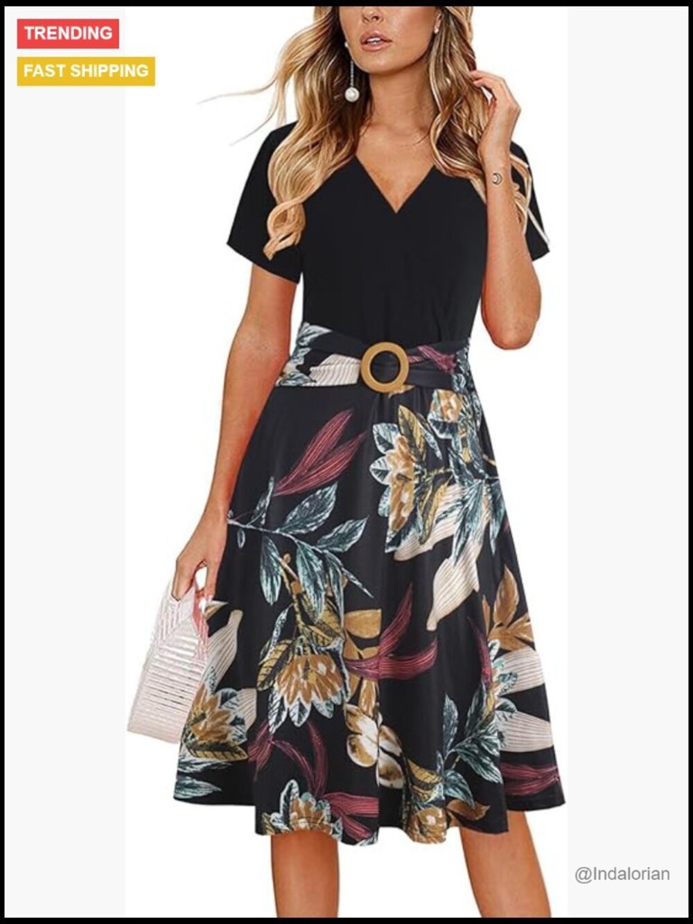 Criss-Cross V Neck Short Sleeve Fit and Flare Tea Dress with Pockets